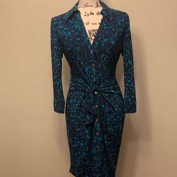 Cache Dresses & Skirts - Blue and green print long sleeve dress.